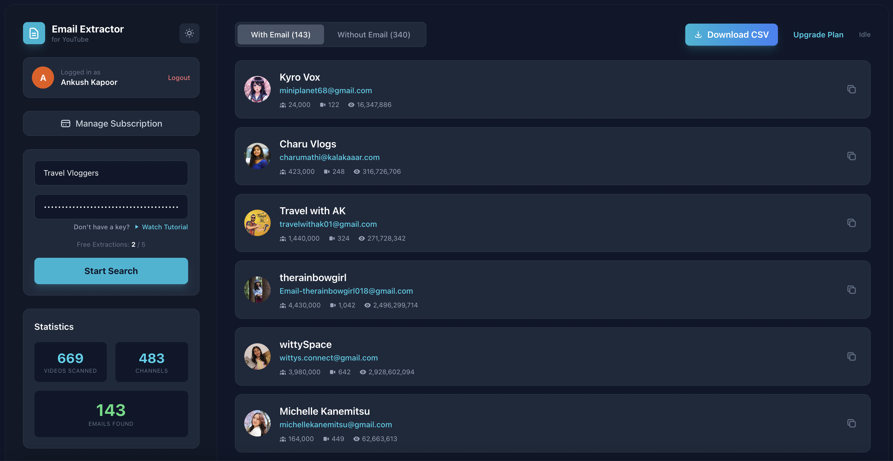 YouTube Email Extractor Dashboard